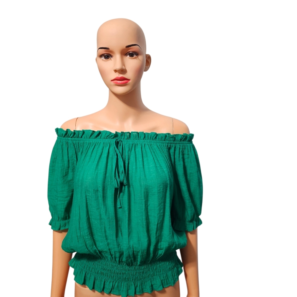 Anthropologie June & Hudson Women's Off Shoulder Smocked Peasant Green Blouse S
